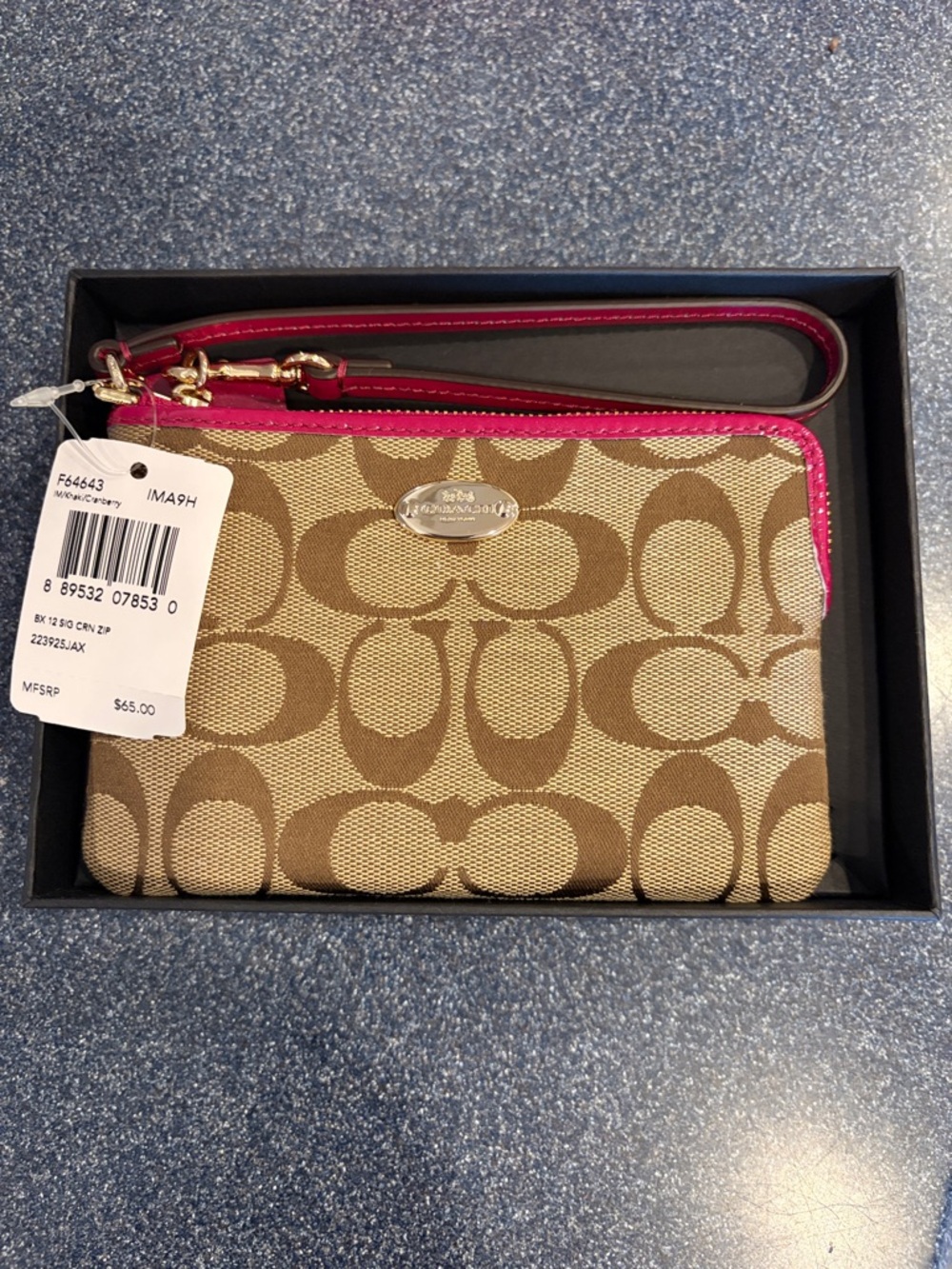 Coach Signature Canvas Wristlet with Hot Pink Trim